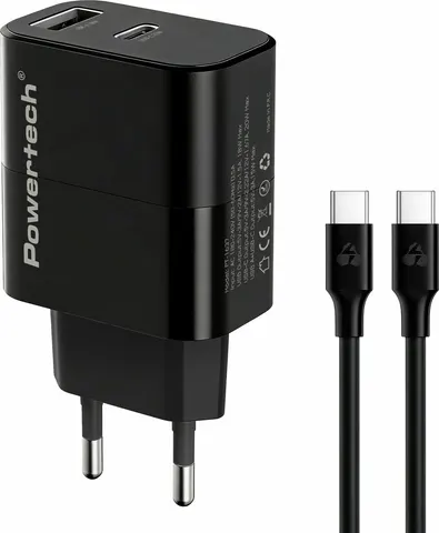 POWERTECH φορτιστής τοίχου PT-1637 με καλώδιο, USB/USB-C, 20W, μαύρος