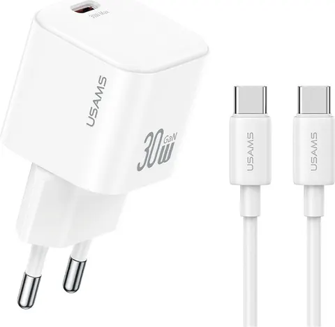 USAMS φορτιστής τοίχου CC262 με καλώδιο USB-C, 30W, GaN, λευκός