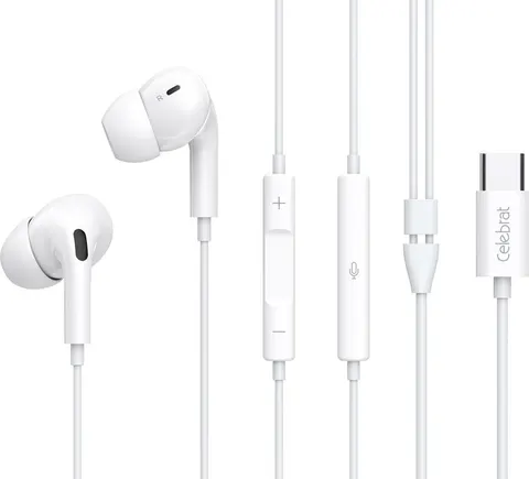 CELEBRAT earphones με μικρόφωνο E300, USB-C σύνδεση, Φ10mm, 1.2m, λευκά