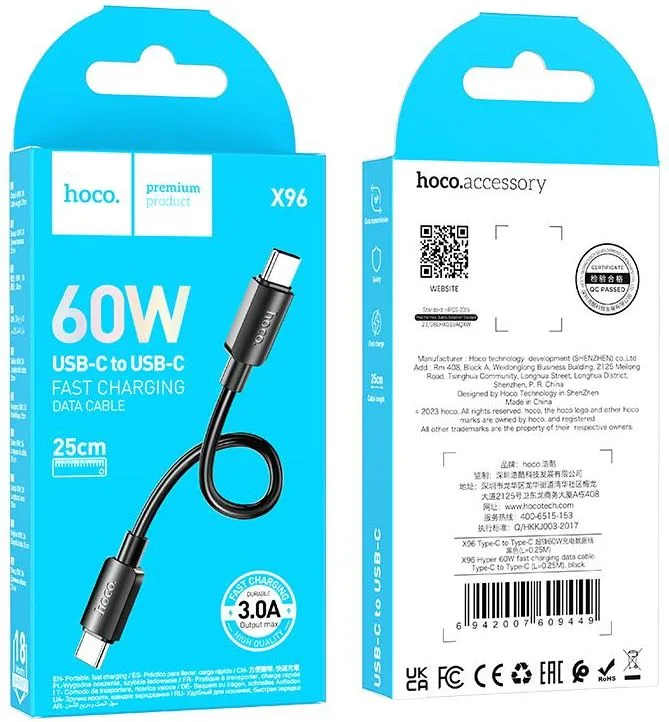 HOCO X96 καλώδιο ΜΕΤΑΦΟΡΑΣ δεδομένων 60W Hyper Type-C ΣΕ Type-C, 0.25m, μαύρο — εικόνα 2