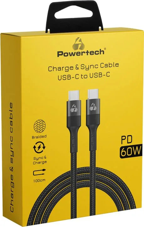 POWERTECH καλώδιο USB-C PTR-0130, PD 60W, copper, 1m, μαύρο — εικόνα 2