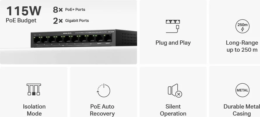 MERCUSYS Desktop Switch MS110CMP, 8x 10/100Mbps PoE+, 2x Gigabit, Ver. 1.0 — εικόνα 2