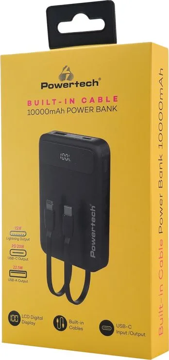 POWERTECH power bank με καλώδια και οθόνη PT-1417 10000mAh, 22.5W, μαύρο — εικόνα 4