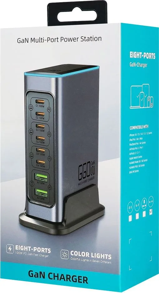 POWERTECH σταθμός φόρτισης PT-1621, 2x USB & 6x USB-C, GaN, 140W, γκρι — εικόνα 8