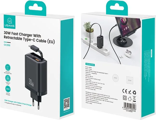 USAMS φορτιστής τοίχου CC296 με καλώδιο, USB & USB-C, 30W, μαύρος — εικόνα 9