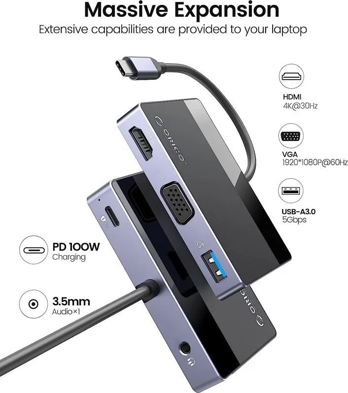 ORICO docking station DM-5P, 5 θυρών, USB-C σύνδεση, 100W PD, 4K, μαύρο — εικόνα 3