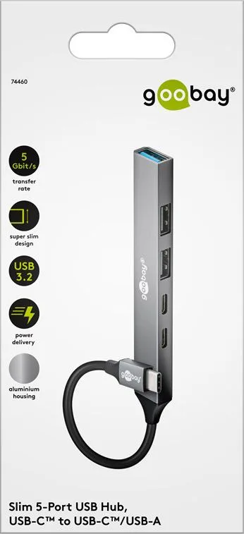 GOOBAY USB hub 74460, 5x θυρών, USB 3.2, 5Gbps, 100W, USB-C σύνδεση, γκρι — εικόνα 8