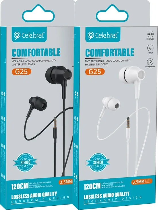 CELEBRAT earphones με μικρόφωνο G25, 3.5mm σύνδεση, Φ10mm, 1.2m, λευκά — εικόνα 4