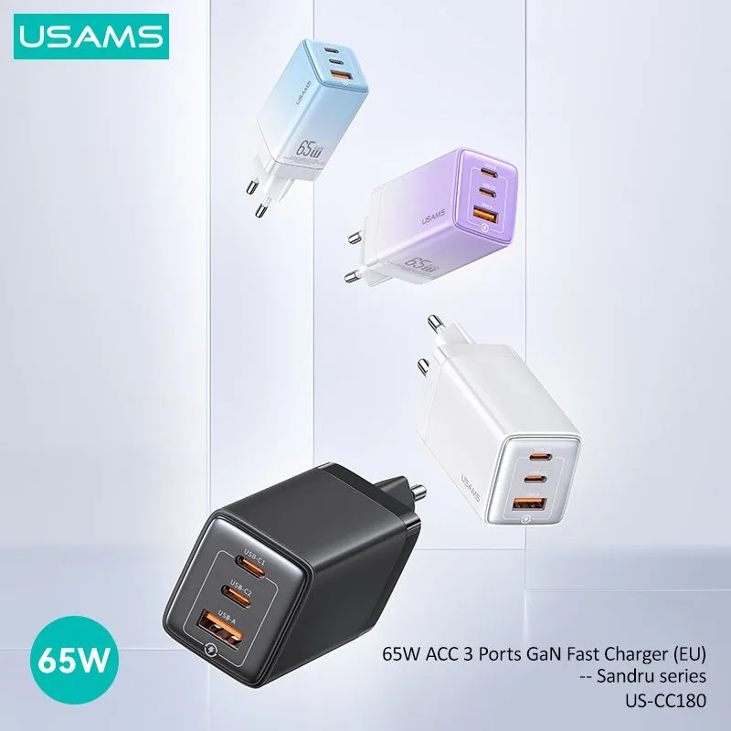 USAMS φορτιστής τοίχου US-CC180, USB & 2x USB-C, 65W PD, GaN, μαύρος — εικόνα 2