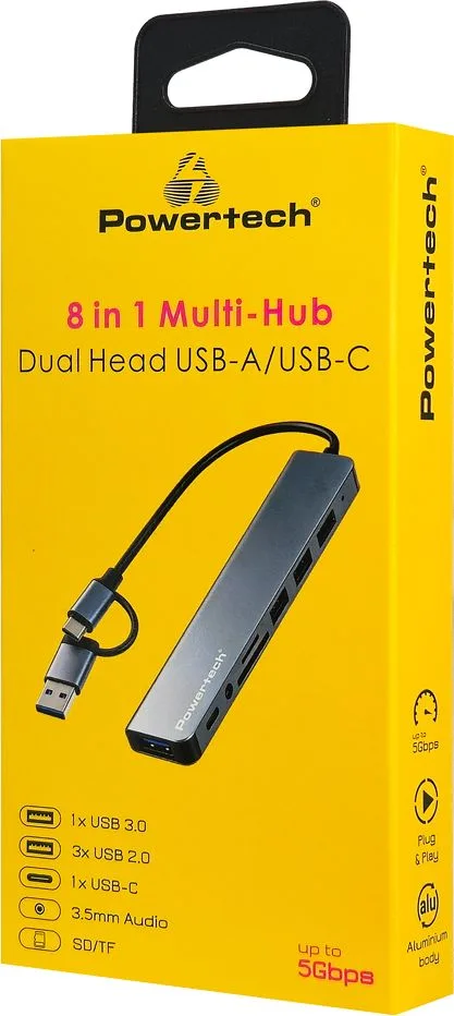 POWERTECH USB hub PTR-0205 με card reader, 8 θυρών, USB & USB-C σύνδεση, γκρι — εικόνα 2