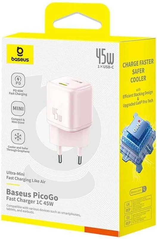 BASEUS Picogo GAN, φορτιστής ΓΡΗΓΟΡΗΣ φόρτισης, θύρα Type-C, 45W, ροζ — εικόνα 3