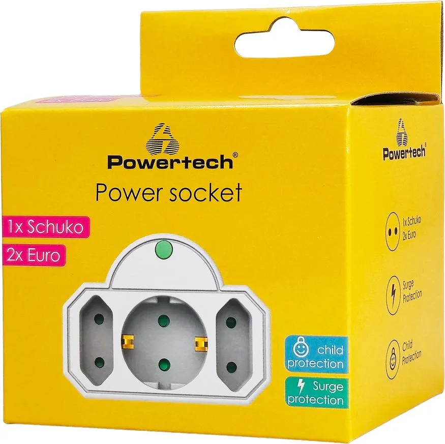 POWERTECH αντάπτορας ρεύματος PT-816 με προστασία υπέρτασης, 1x schuko, 2x euro, 16A, λευκός — εικόνα 2