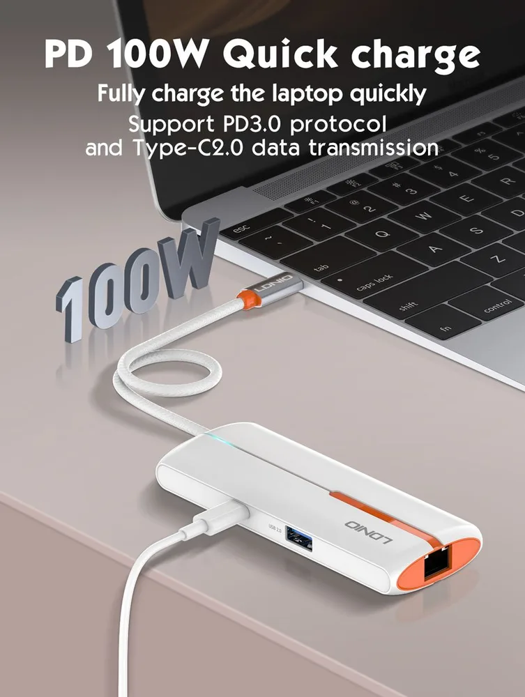LDNIO USB hub DS-26U με θύρα δικτύου, 6 θυρών, USB-C σύνδεση, 100W PD, λευκό — εικόνα 3