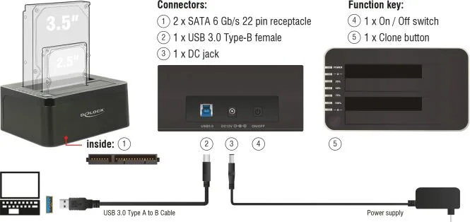 DELOCK docking station για 2.5" ή 3.5" SATA HDD/SSD 62661, 2 θέσεων, 6Gbps, clone function, μαύρο — εικόνα 4