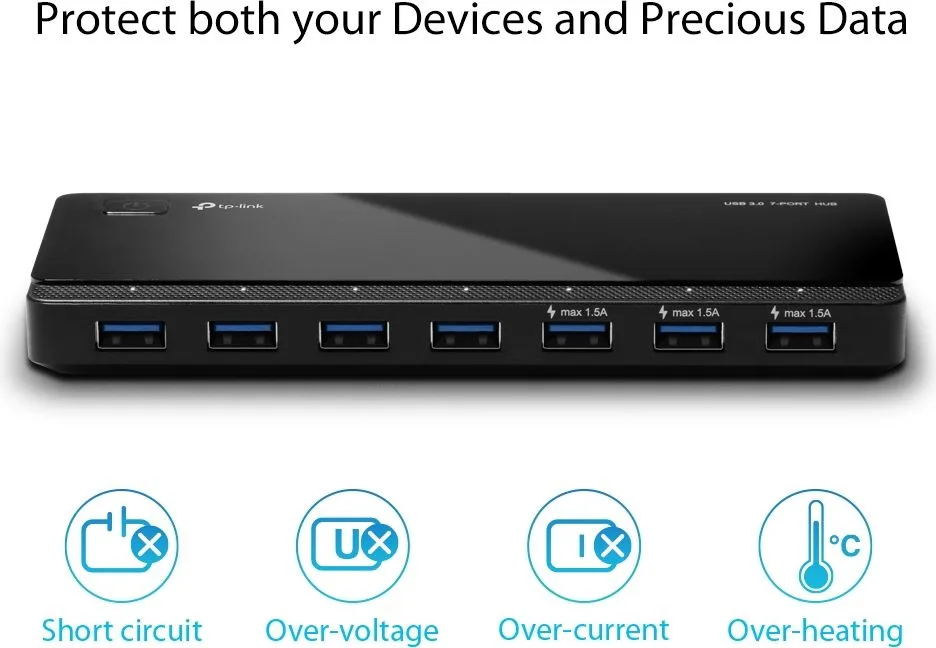 TP-LINK USB hub UH700, 7x θυρών, 5Gbps, 5V/1.5A, USB σύνδεση, μαύρο — εικόνα 4