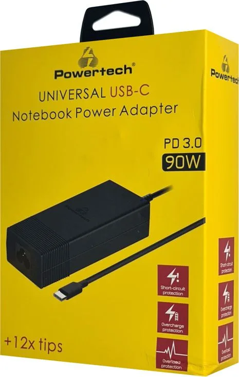 POWERTECH φορτιστής laptop PT-1256 με 12 βύσματα, USB-C PD, 90W, μαύρος — εικόνα 4