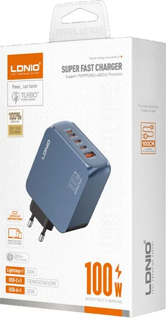LDNIO φορτιστής τοίχου Q8 με καλώδιο USB-C, USB/Lightning/3x USB-C, GaN, 100W, μπλε — εικόνα 4