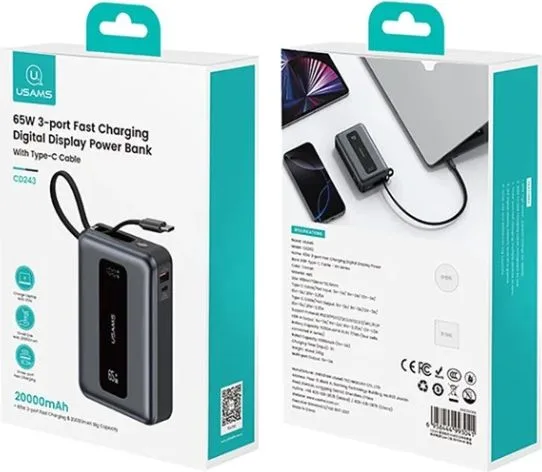 USAMS power bank CD243 με καλώδιο USB-C, 2x θύρες εξόδου, 20000mAh, 65W, γκρι — εικόνα 6