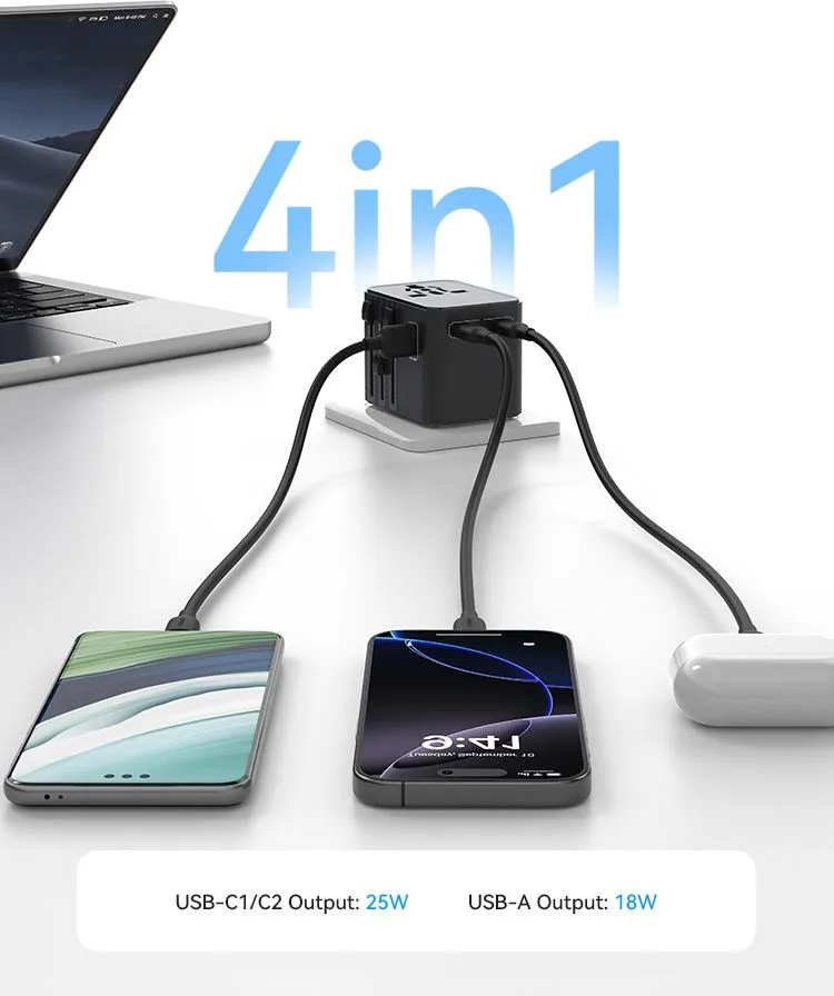 USAMS φορτιστής/αντάπτορας πρίζας CC309, USB & 2x USB-C, universal, 25W, μαύρος — εικόνα 3