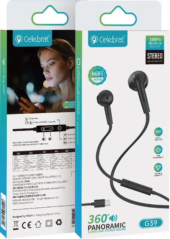 CELEBRAT earphones με μικρόφωνο G39, USB-C σύνδεση, 14mm, 1.2m, μαύρα — εικόνα 6
