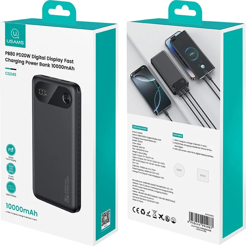 USAMS power bank CD249 με οθόνη, 3x θύρες εξόδου, 10000mAh, PD20W, μαύρο — εικόνα 8