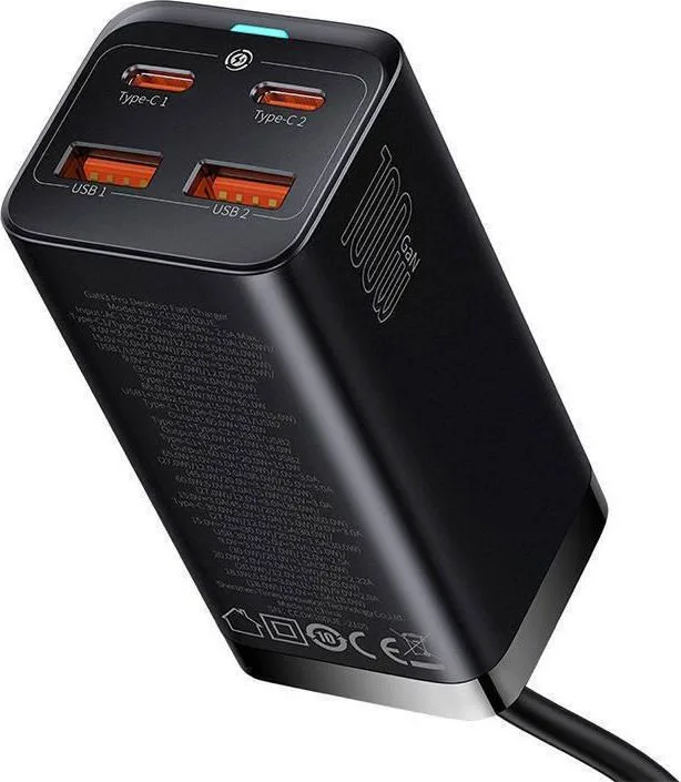 BASEUS GAN 3 PRO, 2 ΘΥΡΕΣ USB-A, 2 ΘΥΡΕΣ USB-C, 100W, ΜΑΥΡΟΣ — εικόνα 3