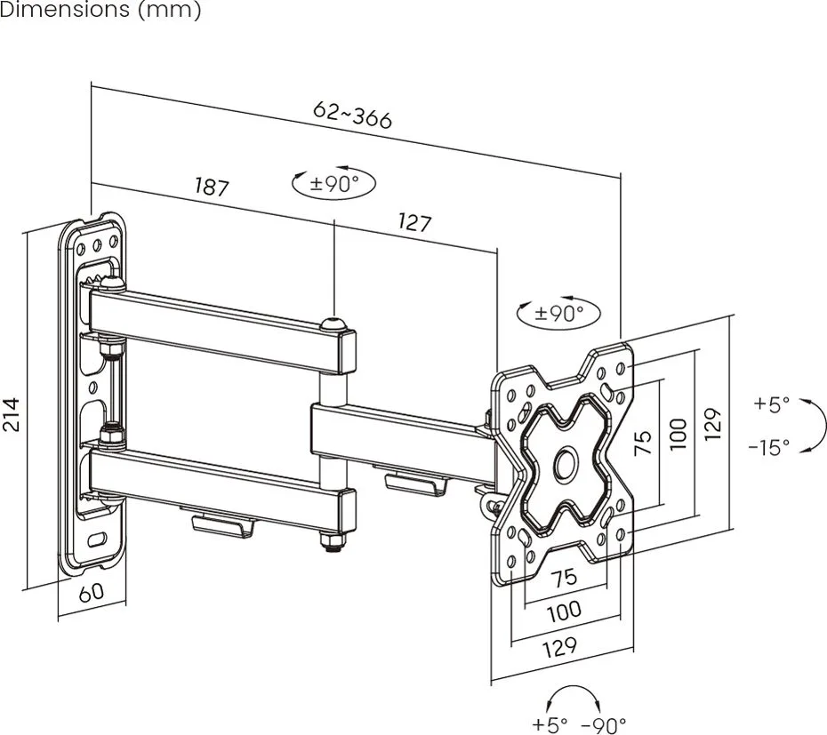 POWERTECH επιτοίχια βάση τηλεόρασης PT-1279, 13-32", έως 20kg, full motion — εικόνα 3
