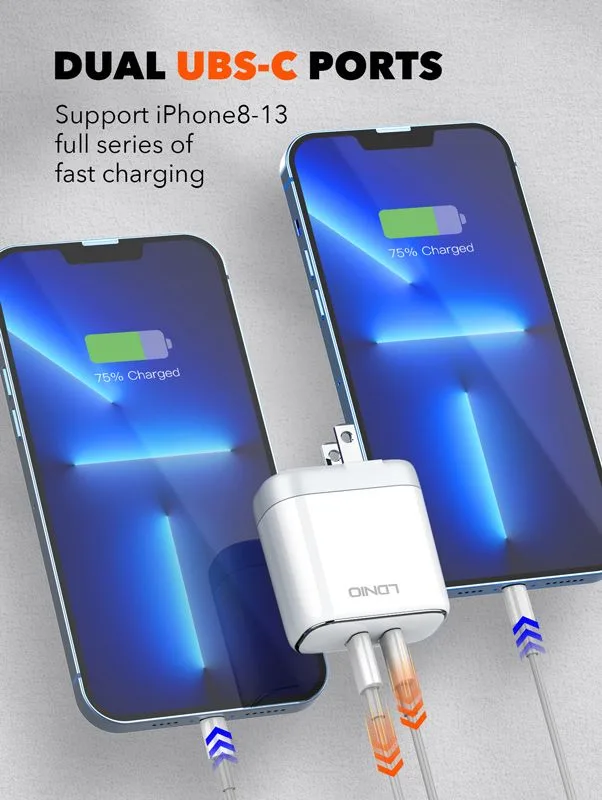 LDNIO φορτιστής τοίχου A2528M με καλώδιο, 2x USB-C, 35W, MFi, λευκό — εικόνα 3