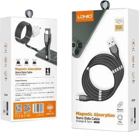 LDNIO καλώδιο φόρτισης LS511 με ΜΑΓΝΗΤΕΣ, Lightning, μαύρο — εικόνα 2