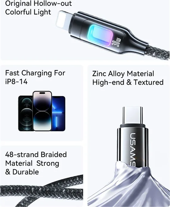 USAMS καλώδιο Lightning σε USB-C SJ749, 30W, 480Mbps, 1.2m, μαύρο — εικόνα 2