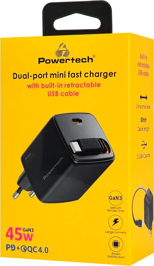 POWERTECH φορτιστής τοίχου PT-1572 με πτυσσόμενο καλώδιο, USB-C, 45W, GaN, μαύρος — εικόνα 3