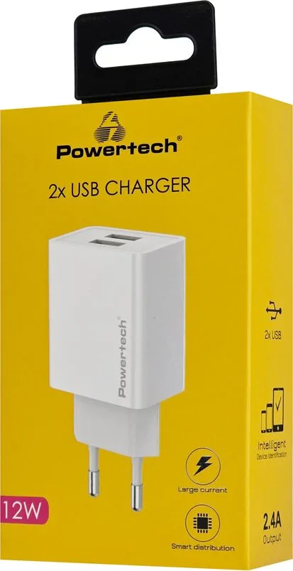POWERTECH φορτιστής τοίχου PT-1321, 2x USB, 12W, λευκός — εικόνα 2