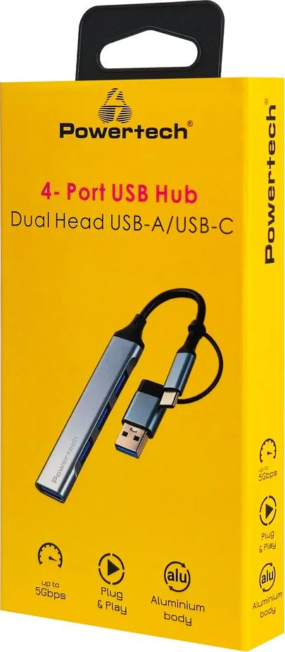 POWERTECH USB hub PTR-0206, 4x θυρών, USB 3.0, 5Gbps, USB & USB-C σύνδεση, γκρι — εικόνα 2