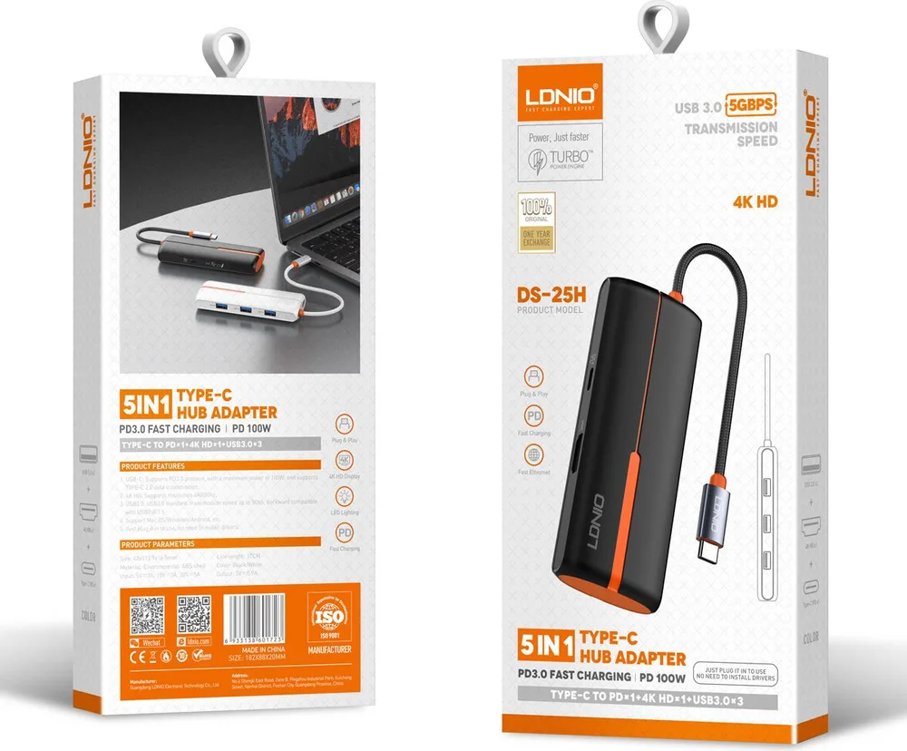 LDNIO docking station DS-25H, 5 θυρών, USB-C σύνδεση, 4K, 100W PD, μαύρο — εικόνα 3