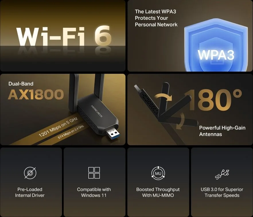 MERCUSYS ασύρματος USB αντάπτορας δικτύου MA72XH, AX1800, Dual Band, V.1.0 — εικόνα 2
