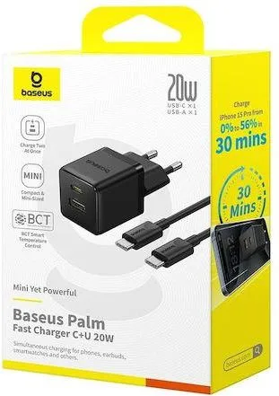 BASEUS Palm, σετ ΓΡΗΓΟΡΗΣ φόρτισης, με καλώδιο Type-C ΣΕ Type-C, 2 ΘΥΡΕΣ, 20W, μαύρο — εικόνα 3