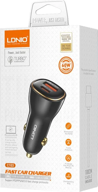 LDNIO φορτιστής αυτοκινήτου C103 με καλώδιο Lightning, USB/USB-C, 60W, μαύρος — εικόνα 4