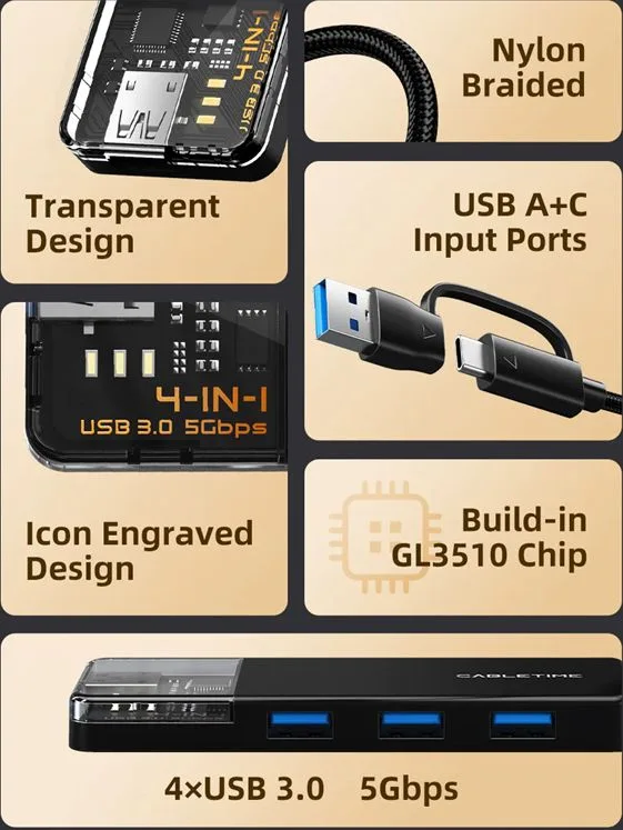 CABLETIME USB hub CT-HUBT3-PB, 4x θυρών, 5Gbps, USB/USB-C σύνδεση, μαύρο — εικόνα 4
