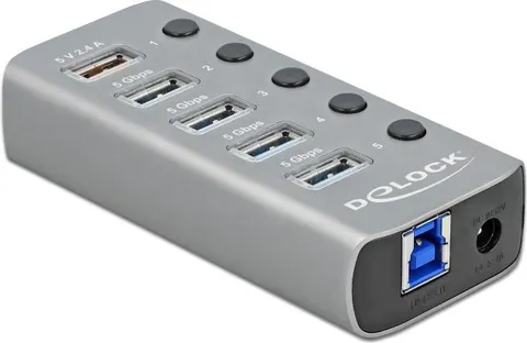 DELOCK USB hub 63262 με διακόπτες, 5x θυρών, 5Gbps, 2.4A, γκρι