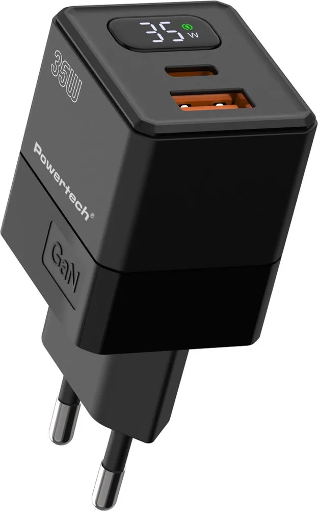 POWERTECH φορτιστής τοίχου PT-1499 με οθόνη, USB/USB-C, 35W, GaN, μαύρος — εικόνα 3