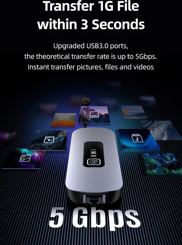 USAMS docking station US-SJ643, 8 θυρών, USB-C, 4K, 100W PD, LAN, γκρι — εικόνα 3