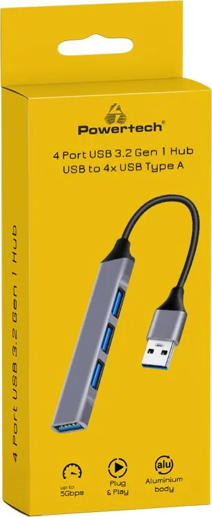 POWERTECH USB hub PT-1114, 4x θυρών, 5Gbps, USB σύνδεση, γκρι — εικόνα 2