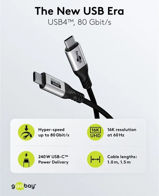 GOOBAY καλώδιο USB-C 74776, USB4, 240W, 80Gbps, 16K/60Hz, 1.5m, μαύρο — εικόνα 4