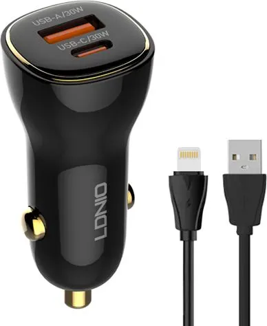 LDNIO φορτιστής αυτοκινήτου C103 με καλώδιο Lightning, USB/USB-C, 60W, μαύρος