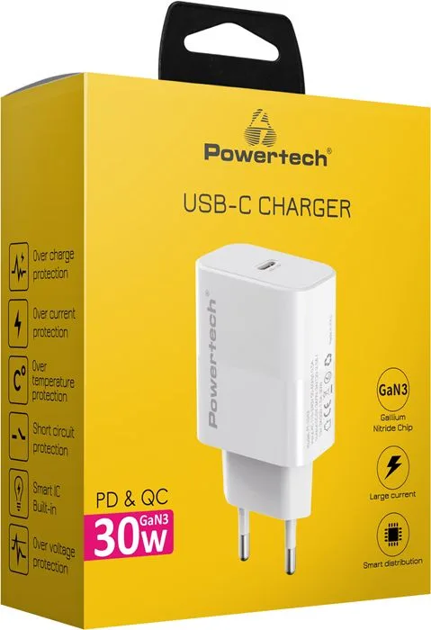 POWERTECH φορτιστής τοίχου PT-1043, USB-C, PD QC3.0, GaN, 30W, λευκός — εικόνα 3