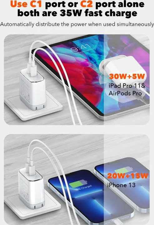LDNIO φορτιστής τοίχου A2528M με καλώδιο, 2x USB-C, 35W, MFi, λευκό — εικόνα 4