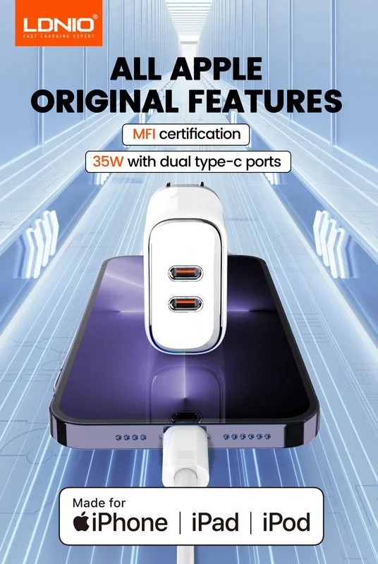 LDNIO φορτιστής τοίχου A2528M με καλώδιο, 2x USB-C, 35W, MFi, λευκό — εικόνα 2
