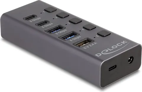 DELOCK USB hub 64248 με διακόπτες, 5x θυρών, 5Gbps, USB/USB-C σύνδεση, γκρι