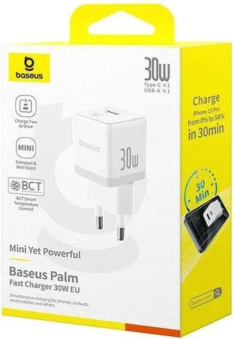 BASEUS Palm φορτιστής ΓΡΗΓΟΡΗΣ φόρτισης, 2 ΘΥΡΕΣ, 30W, ΛΕΥΚΟΣ — εικόνα 3