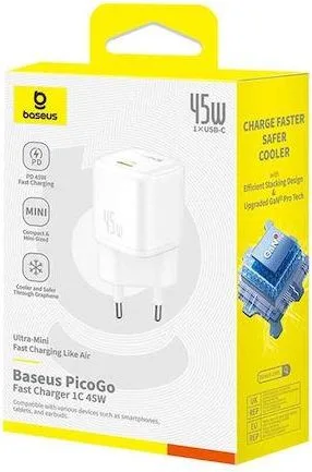 BASEUS Picogo GAN, φορτιστής ΓΡΗΓΟΡΗΣ φόρτισης, θύρα Type-C, 45W, ΛΕΥΚΟΣ — εικόνα 3